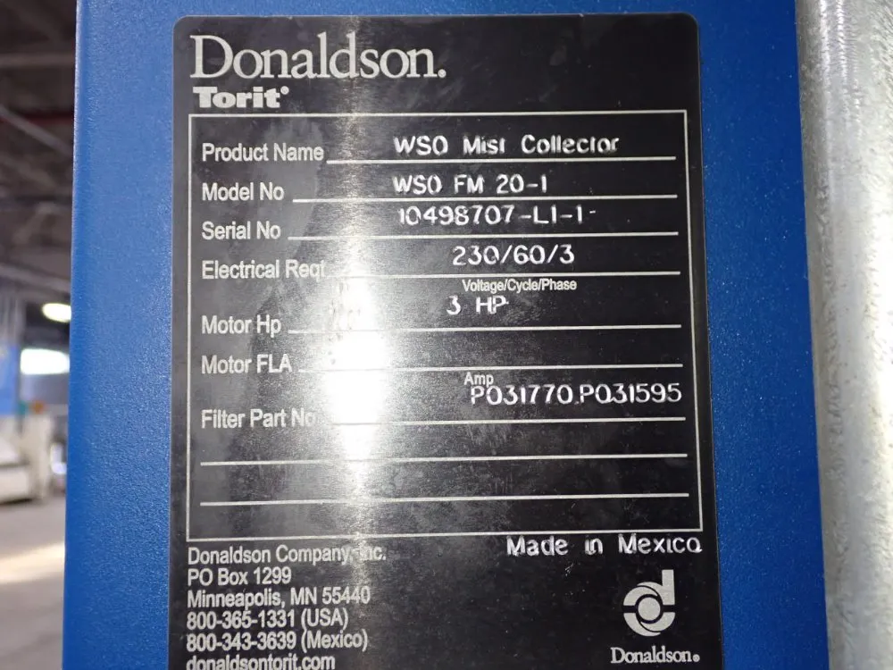 Torit Donaldson 3 Hp Mist Collector - Es0 Fm 20-i