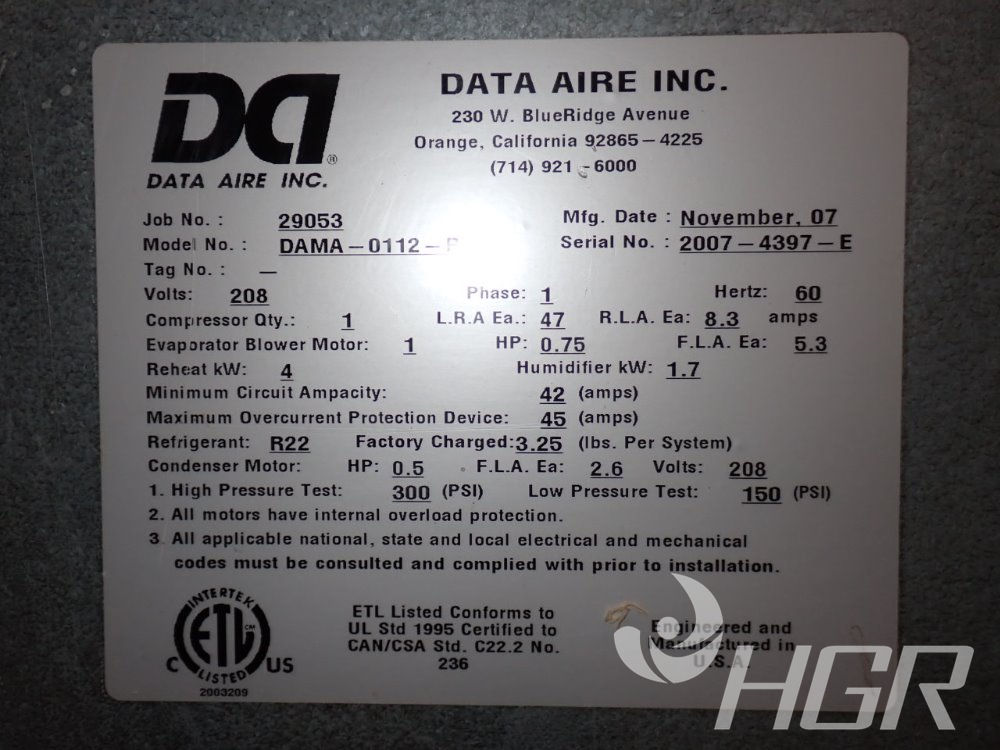 Used Data Aire Inc Air Conditioner HGR Industrial Surplus