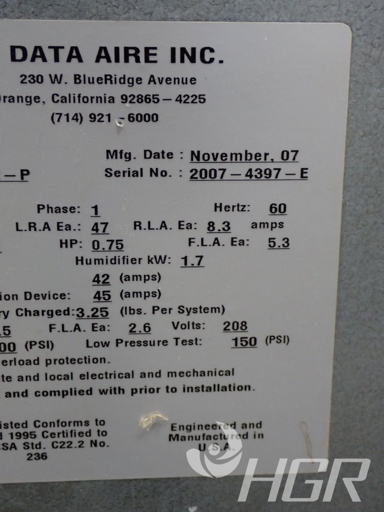 Used Data Aire Inc Air Conditioner HGR Industrial Surplus