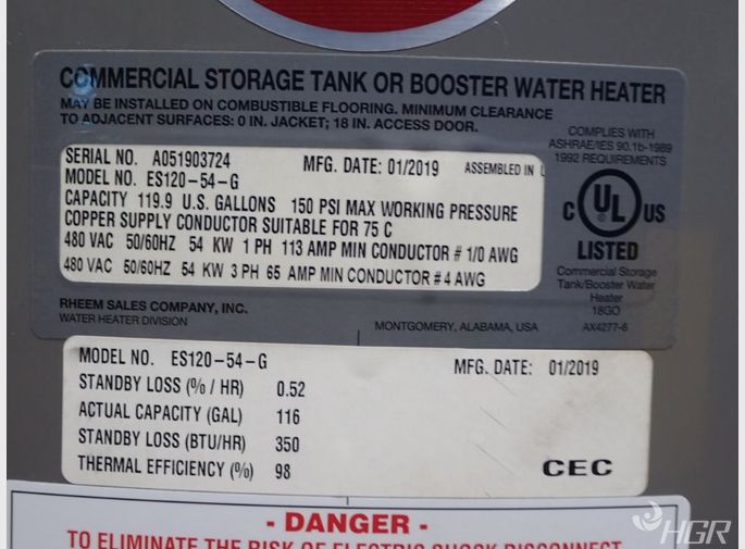 Used Rheem Sales Co Rheem Sales Co Es12054g Storage Tank/booster...