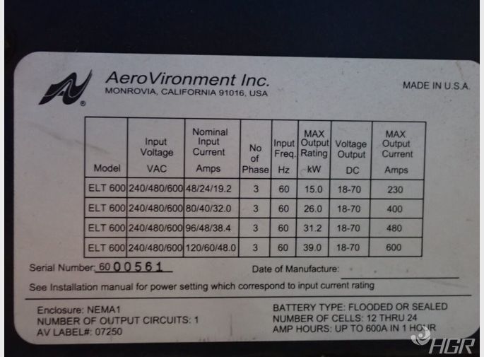 Aerovironment Incposicharger Aerovironment Incposicharger Elt600 Battery Charger