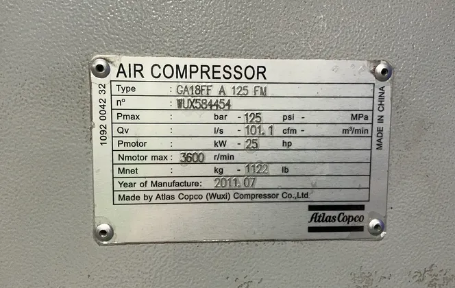 Atlas Copco 25 Hp Air Compressor - Ga18ff A 125 Fm