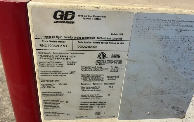 Gardner Denver 100 Scfm @ 100 Psig & 100* F Compressed Air Dryer - Rnc100a2c1n1
