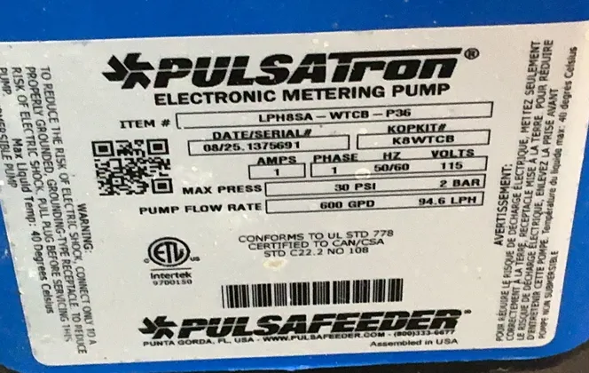 Pulsafeeder 30psi, 600gpd Pulsatron Metering Pump - Lph8sa-wtcb-p36