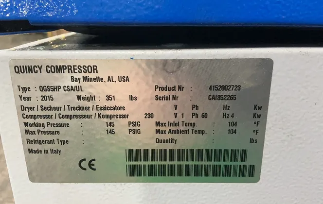 Quincy 4 Kw Air Compressor - Qgs5hp Csa/ul