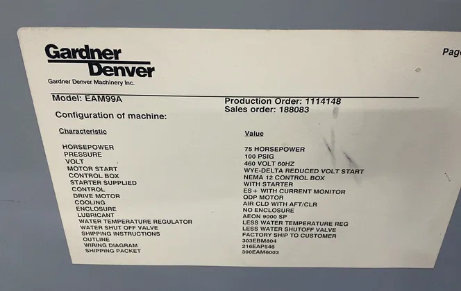 Gardner Denver 75 Hp Electra Saver Air Compressor - Eam99a