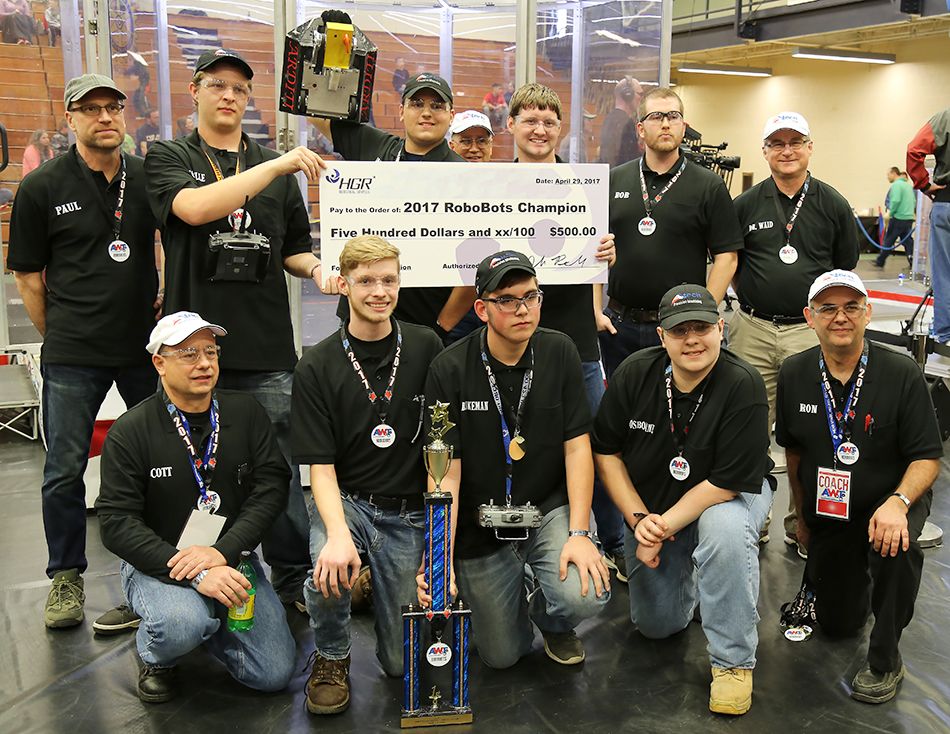 A-Tech Machinists winning $500 scholarship from HGR Industrial Surplus at 2017 AWT RoboBots